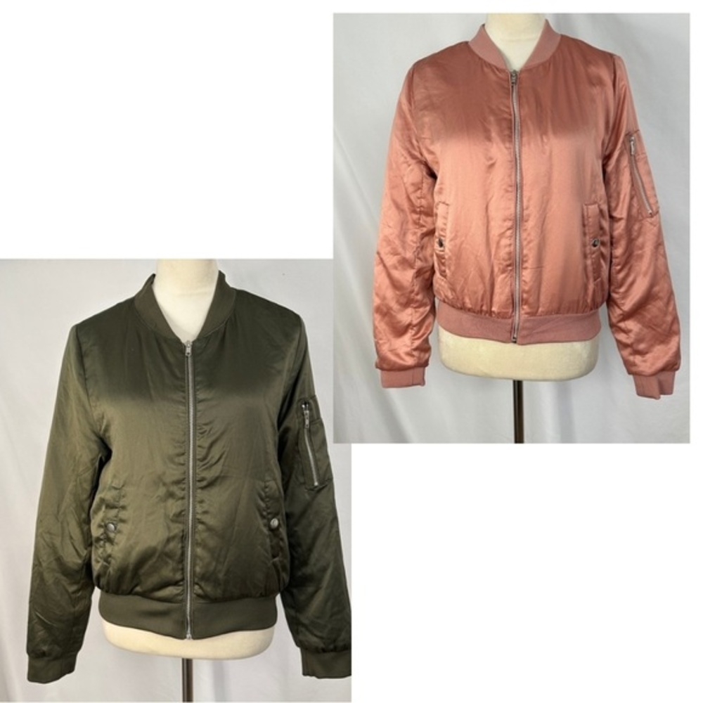 Ambiance Bomber Jacket Zip Up Lot Of 2 Womens Small Satin Pink Green